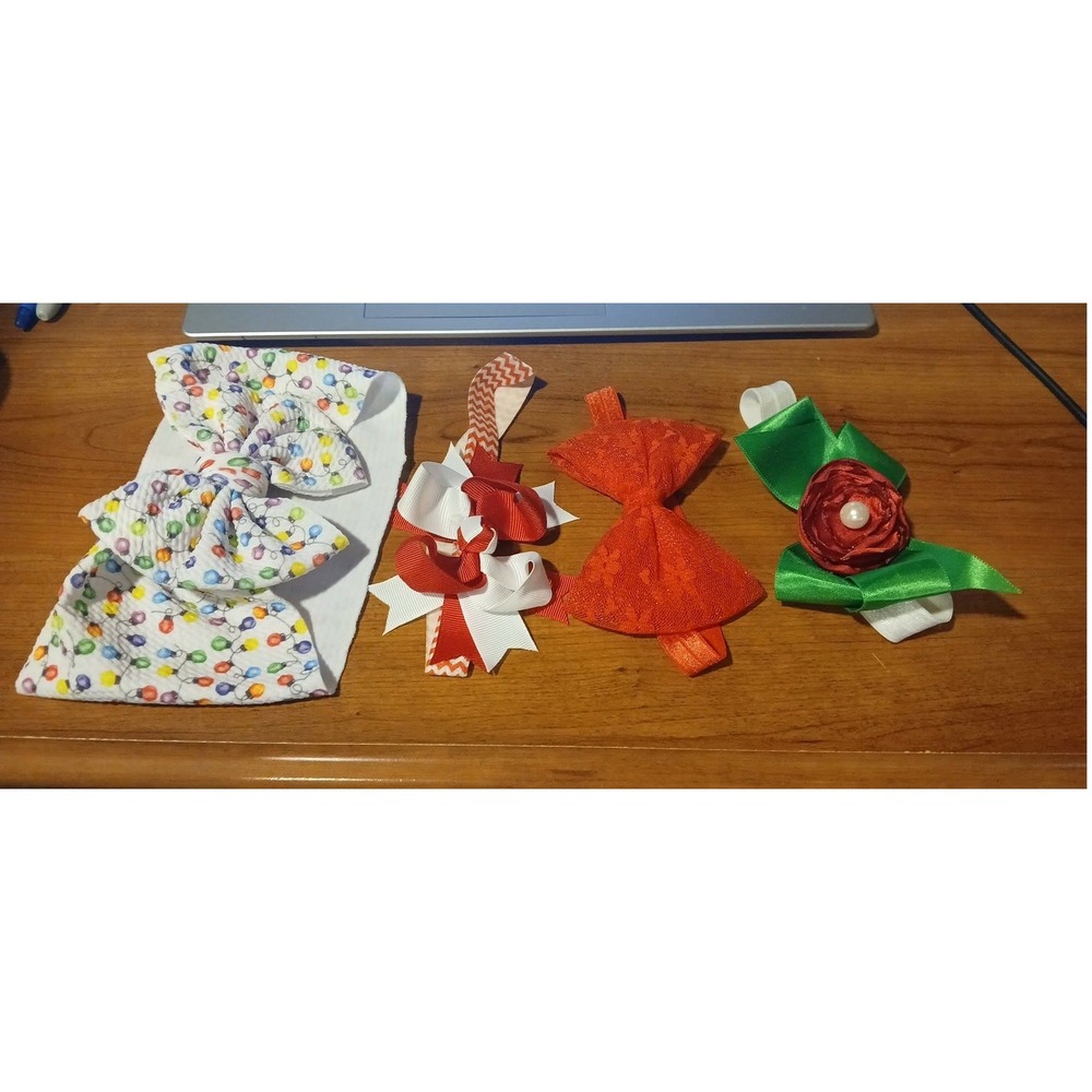 4 Holiday Baby Headband Hairbows Christmas Light Lace Rose Ribbon Set
